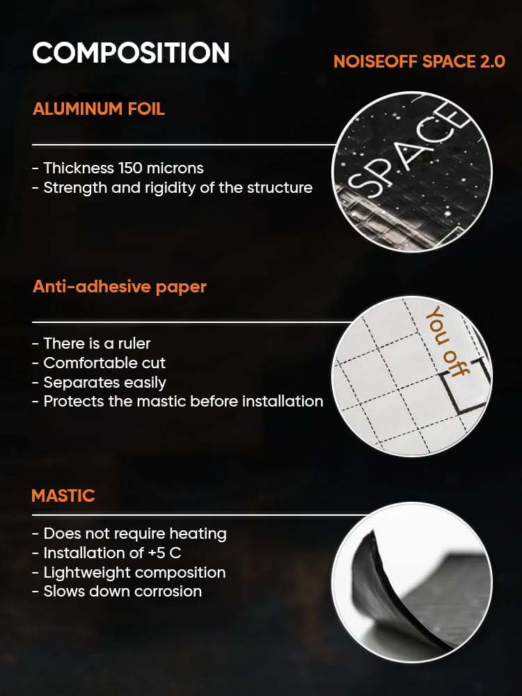 Space 2.0 Car Sound Deadening & Vibration Damping Mat – 20 PCs Self-Adhesive Mastic Sheets 250×370 mm - Surface-Safe, Moisture & Heat Resistant - Strong Adhesion to Metal & Plastic