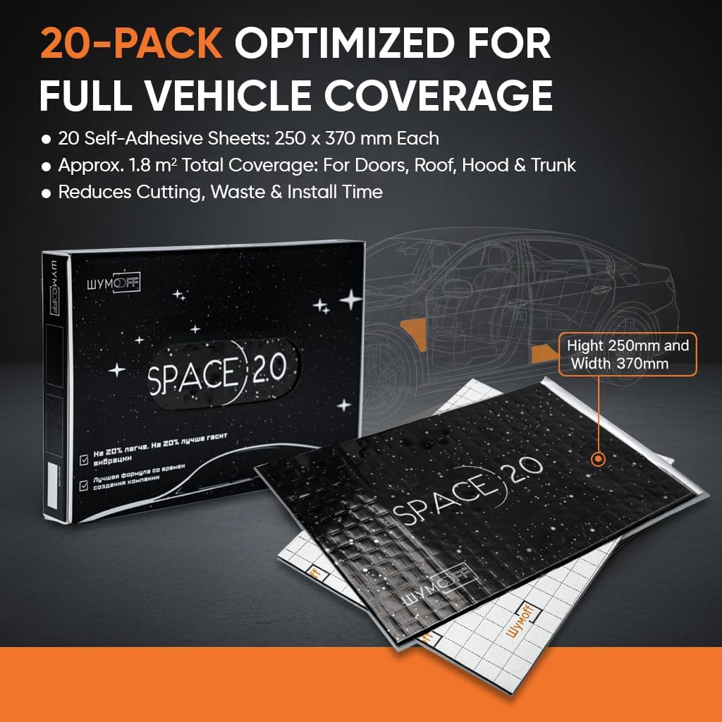 Space 2.0 Car Sound Deadening & Vibration Damping Mat – 20 PCs Self-Adhesive Mastic Sheets 250×370 mm - Surface-Safe, Moisture & Heat Resistant - Strong Adhesion to Metal & Plastic