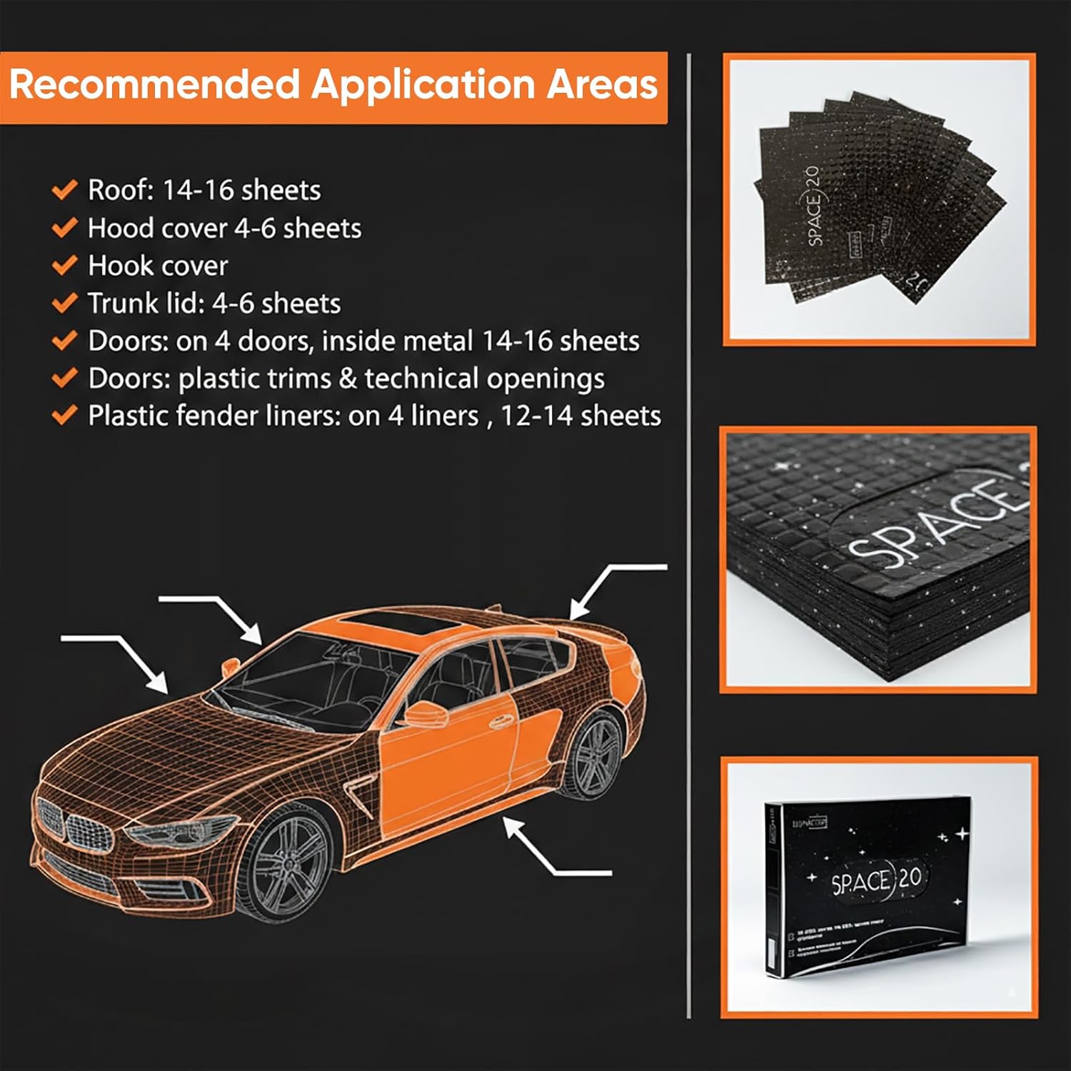 Space 2.0 Car Sound Deadening & Vibration Damping Mat – 20 PCs Self-Adhesive Mastic Sheets 250×370 mm - Surface-Safe, Moisture & Heat Resistant - Strong Adhesion to Metal & Plastic