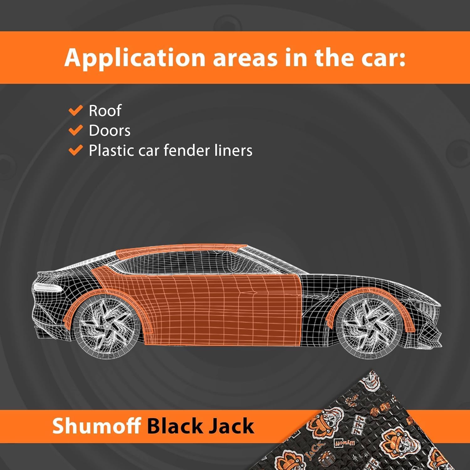 Shumoff Black Jack Car Sound Deadening - 18 PCs High-Adhesion Sound Dampening Sheets 2.7mm (106 mil) Thick - Aluminum & Bitumen Mastic Composite – Sound Deadener 19.4 Sqft Coverage – Sheet Size 14.6"L x 10.6"W