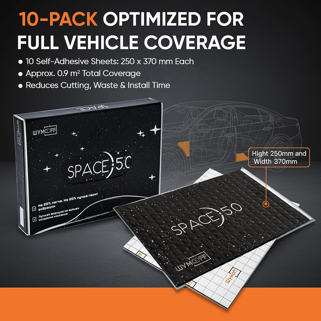 Space 5.0 Car Sound Deadening Mat – 10 PCs Vibration Damping Sheet 250×370 mm, Aluminum & Bitumen - Vibration Reduction & High Adhesion Sheet 5mm Multilayer - Heat Resistant (-45°C to +120°C)