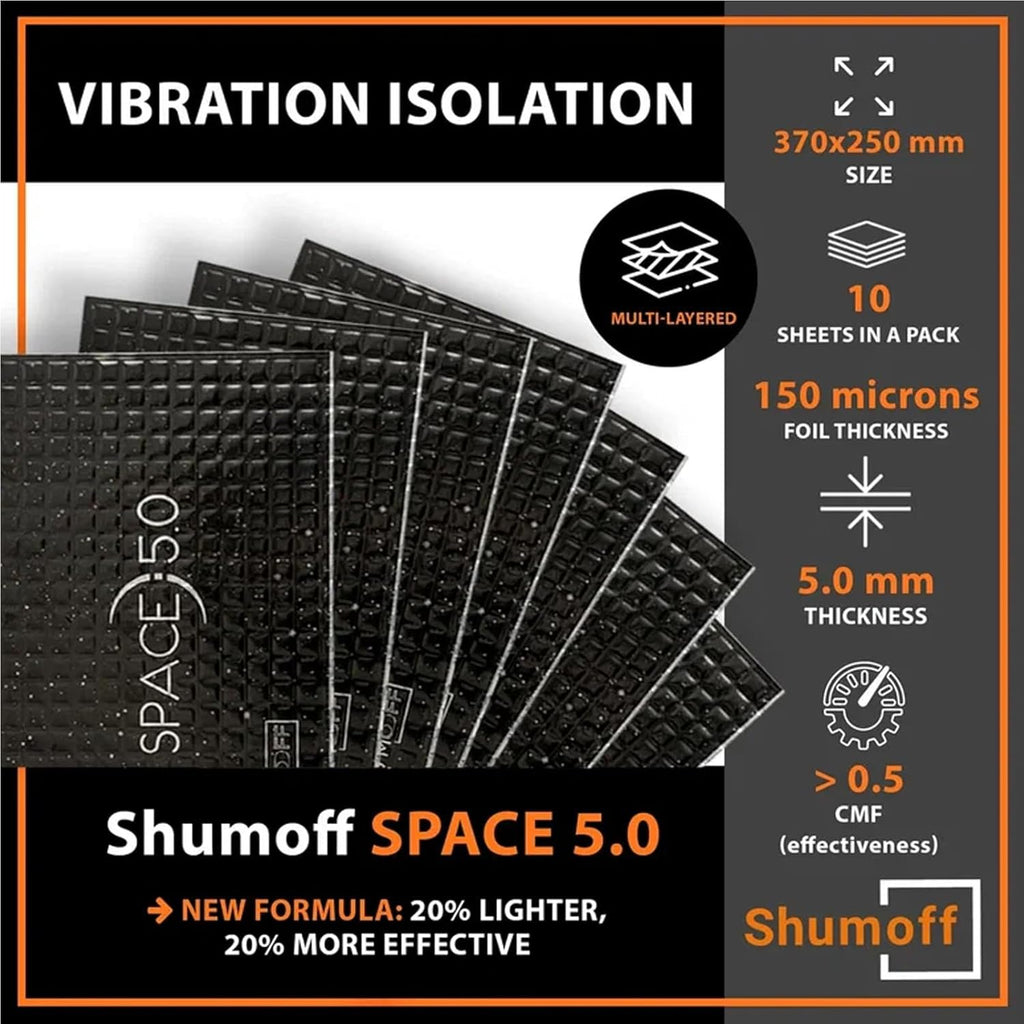 Space 5.0 Car Sound Deadening Mat – 10 PCs Vibration Damping Sheet 250×370 mm, Aluminum & Bitumen - Vibration Reduction & High Adhesion Sheet 5mm Multilayer - Heat Resistant (-45°C to +120°C)
