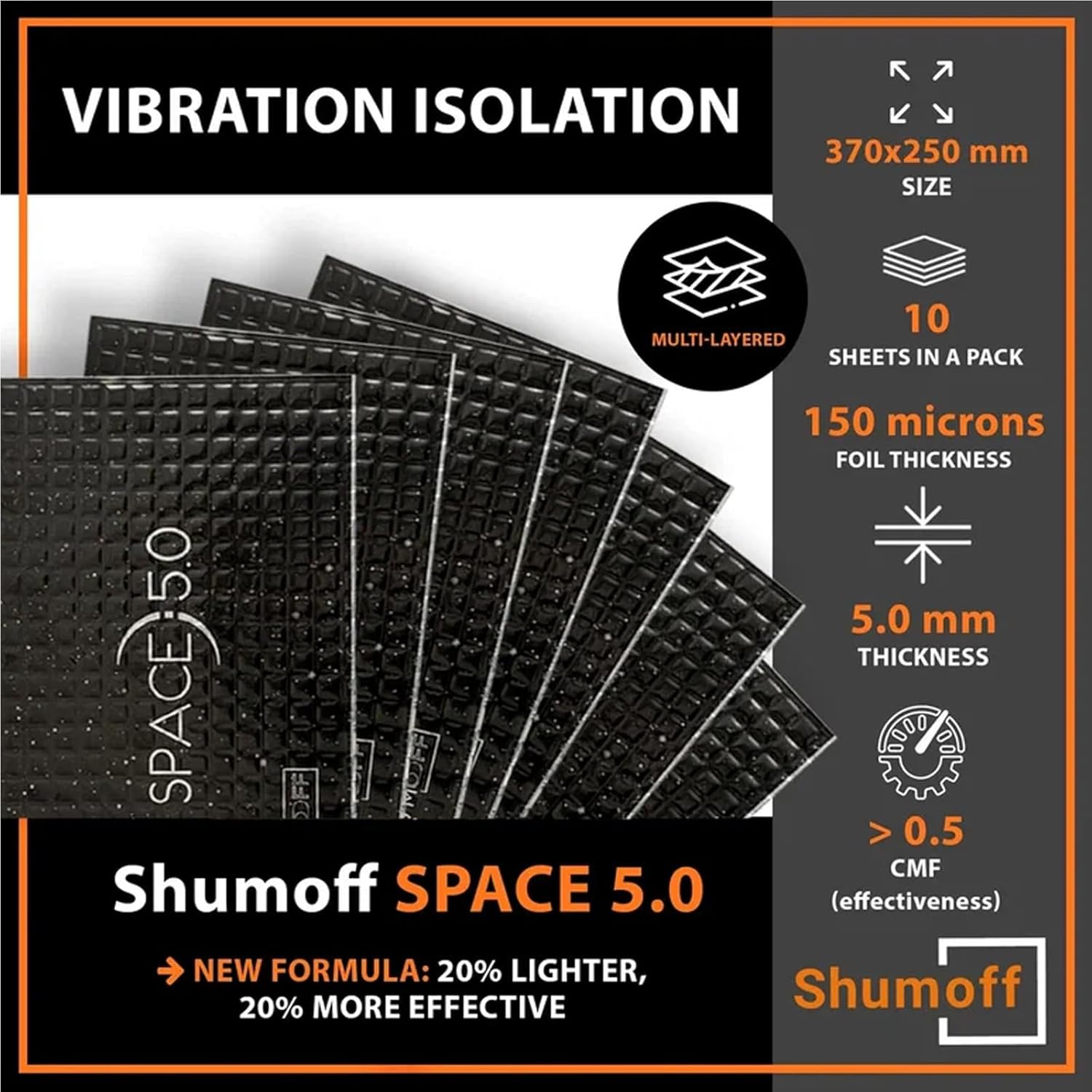 Space 5.0 Car Sound Deadening Mat – 10 PCs Vibration Damping Sheet 250×370 mm, Aluminum & Bitumen - Vibration Reduction & High Adhesion Sheet 5mm Multilayer - Heat Resistant (-45°C to +120°C)