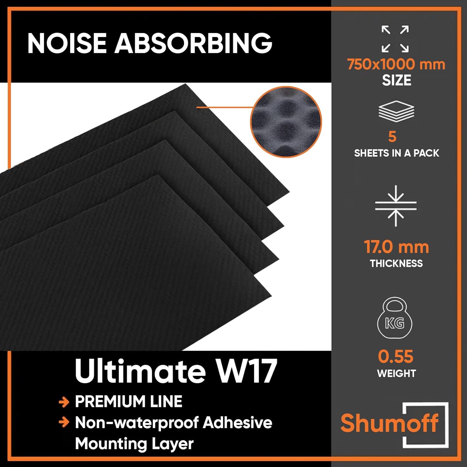 Shumoff Ultimat W17 Car Sound Absorbing Foam - 5 PCs Self-Adhesive Polyurethane Sheets 17mm (669 mil) Thick - Car Noise Reduction Foam 40.3 Sqft Coverage - Self-Adhesive Acoustic Insulation - Sheet Size 39.7"L x 29.5"W