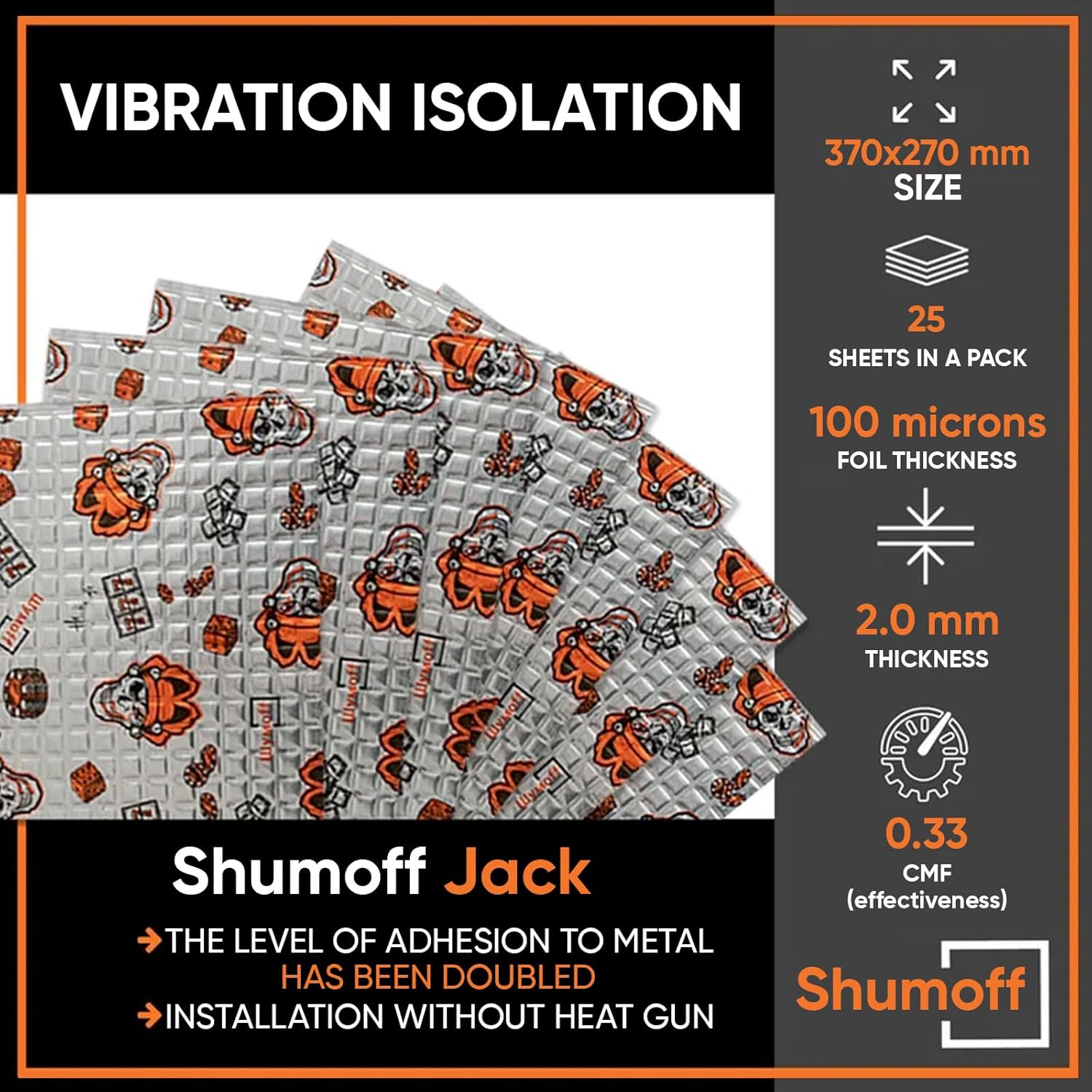 Shumoff Jack Sound Deadening - 25 PCs Self-Adhesive Automotive Sound Deadening - 2mm (79 mil) High-Adhesion Aluminum & Bitumen Mastic - Car Noise Reduction 26.9 Sqft Coverage - Sheet Size 14.56"L x 10.62"W
