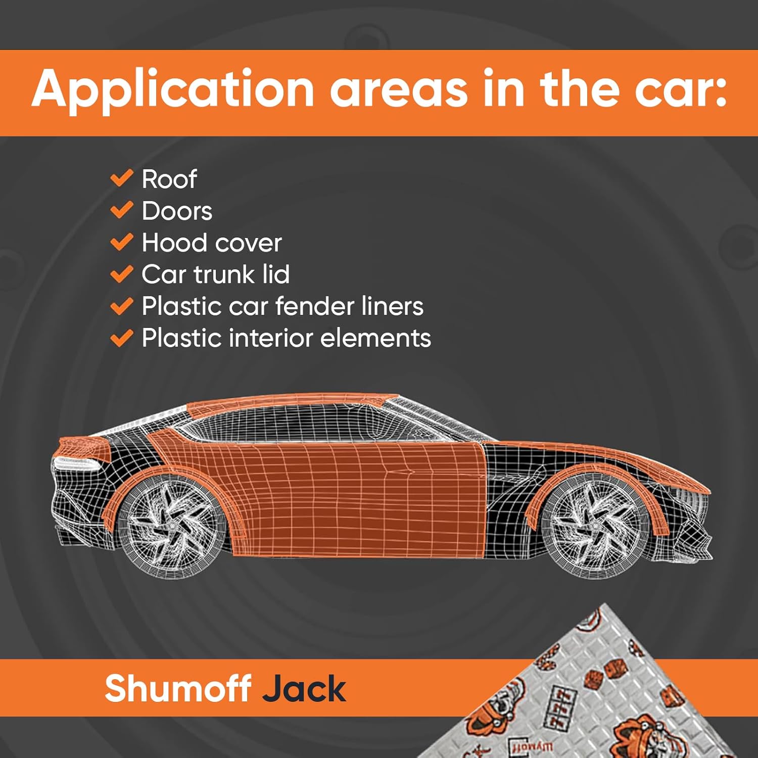 Shumoff Jack Sound Deadening - 25 PCs Self-Adhesive Automotive Sound Deadening - 2mm (79 mil) High-Adhesion Aluminum & Bitumen Mastic - Car Noise Reduction 26.9 Sqft Coverage - Sheet Size 14.56"L x 10.62"W
