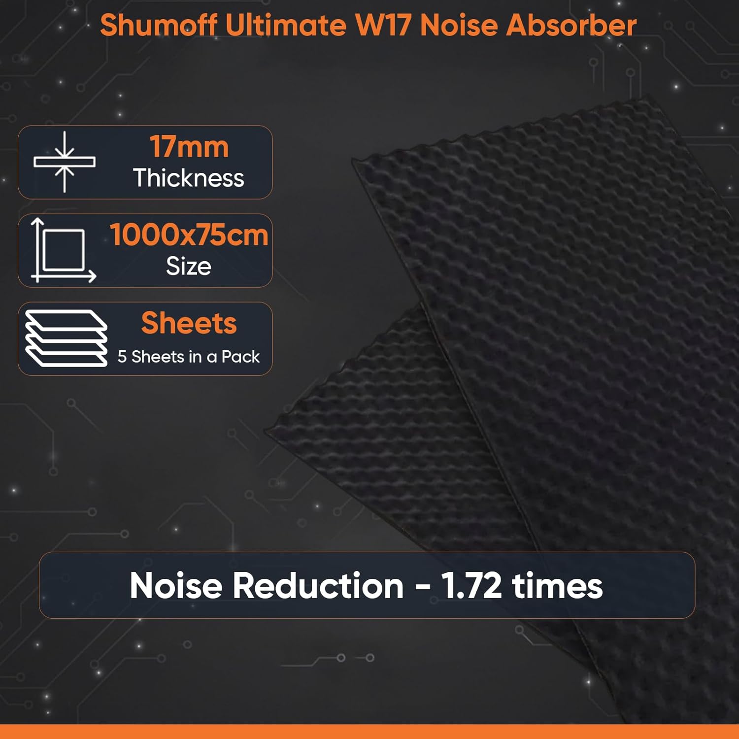 Shumoff Ultimat W17 Car Sound Absorbing Foam - 5 PCs Self-Adhesive Polyurethane Sheets 17mm (669 mil) Thick - Car Noise Reduction Foam 40.3 Sqft Coverage - Self-Adhesive Acoustic Insulation - Sheet Size 39.7"L x 29.5"W