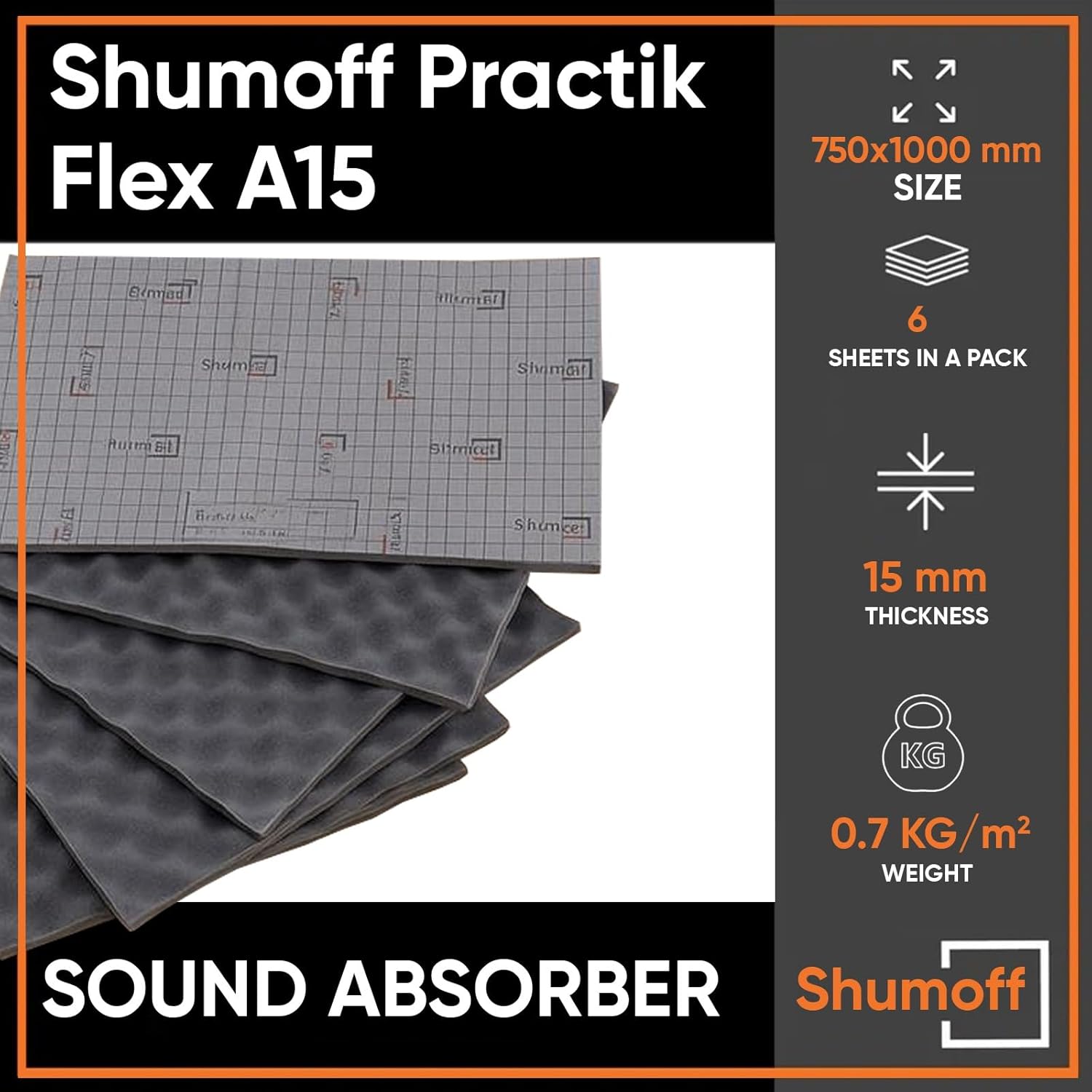 Shumoff Practik Flex A15 Sound Absorbing Foam – 6 Self-Adhesive Polyurethane Sheets 15mm (591 mil) Thick - Wave-Cut Noise Reduction Sealant - Sound Deadening Foam 12.1 Sqft Coverage - Sheet Size 19"L x 14"W