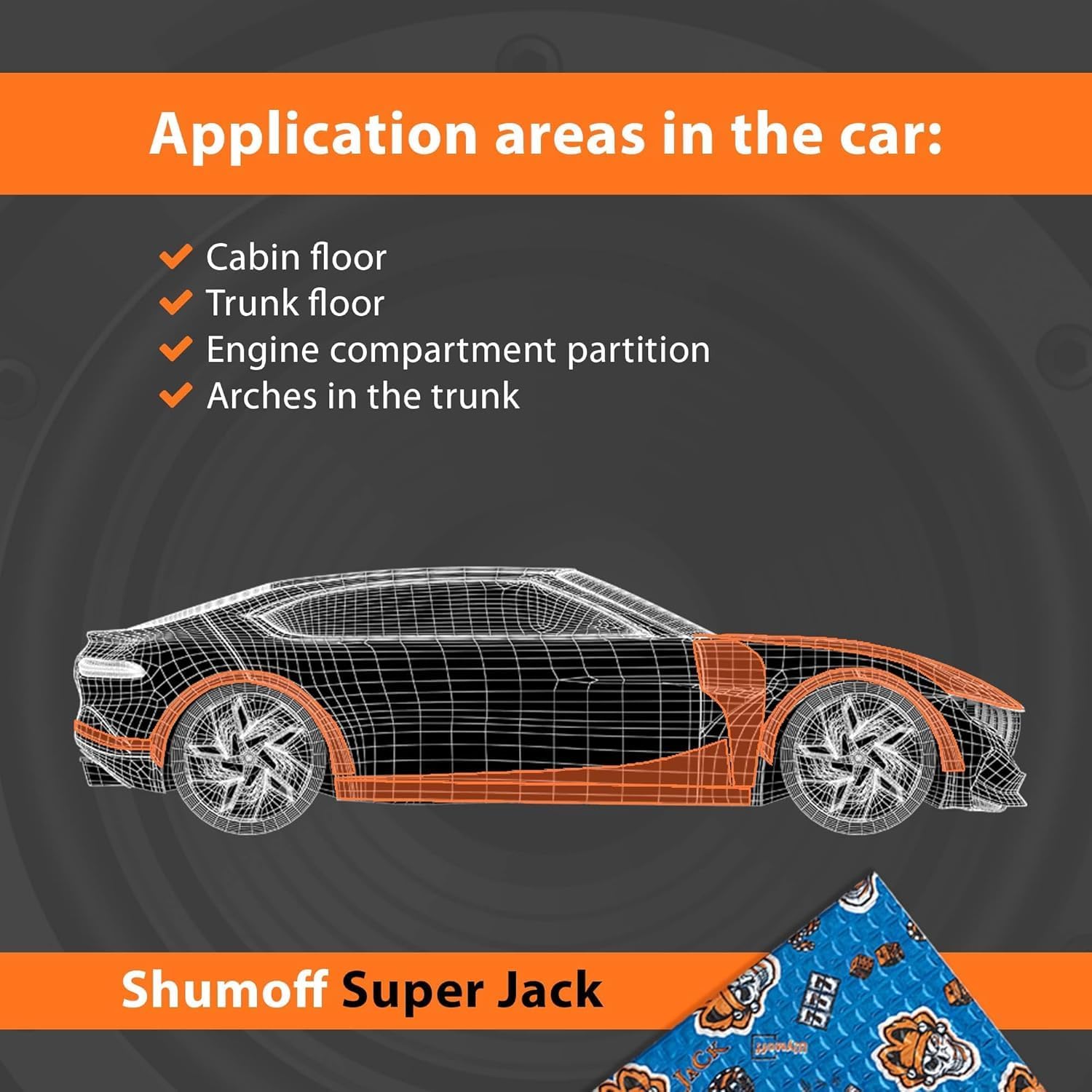 Shumoff Super Jack Sound Dampening – 13 Sheets Self-Adhesive Car Sound Deadener- 3.6mm (142 mil) High-Adhesion Aluminum & Bitumen Mastic - Car Noise Reduction 14 Sqft Coverage - 14.6"L x 10.6"W