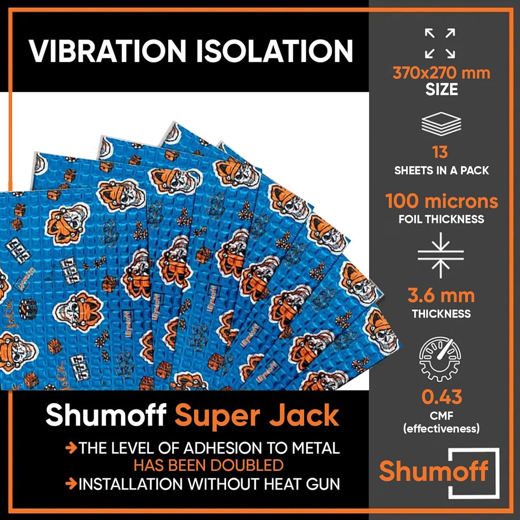 Shumoff Super Jack Sound Dampening – 13 Sheets Self-Adhesive Car Sound Deadener- 3.6mm (142 mil) High-Adhesion Aluminum & Bitumen Mastic - Car Noise Reduction 14 Sqft Coverage - 14.6"L x 10.6"W