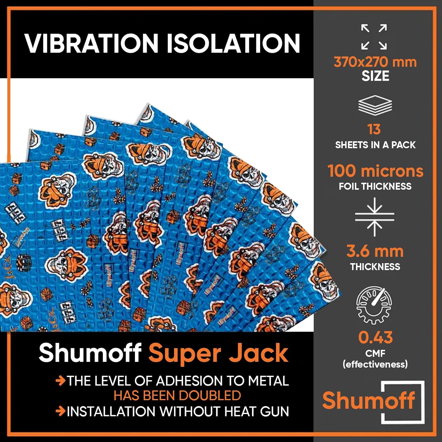 Shumoff Super Jack Sound Dampening – 13 Sheets Self-Adhesive Car Sound Deadener- 3.6mm (142 mil) High-Adhesion Aluminum & Bitumen Mastic - Car Noise Reduction 14 Sqft Coverage - 14.6"L x 10.6"W