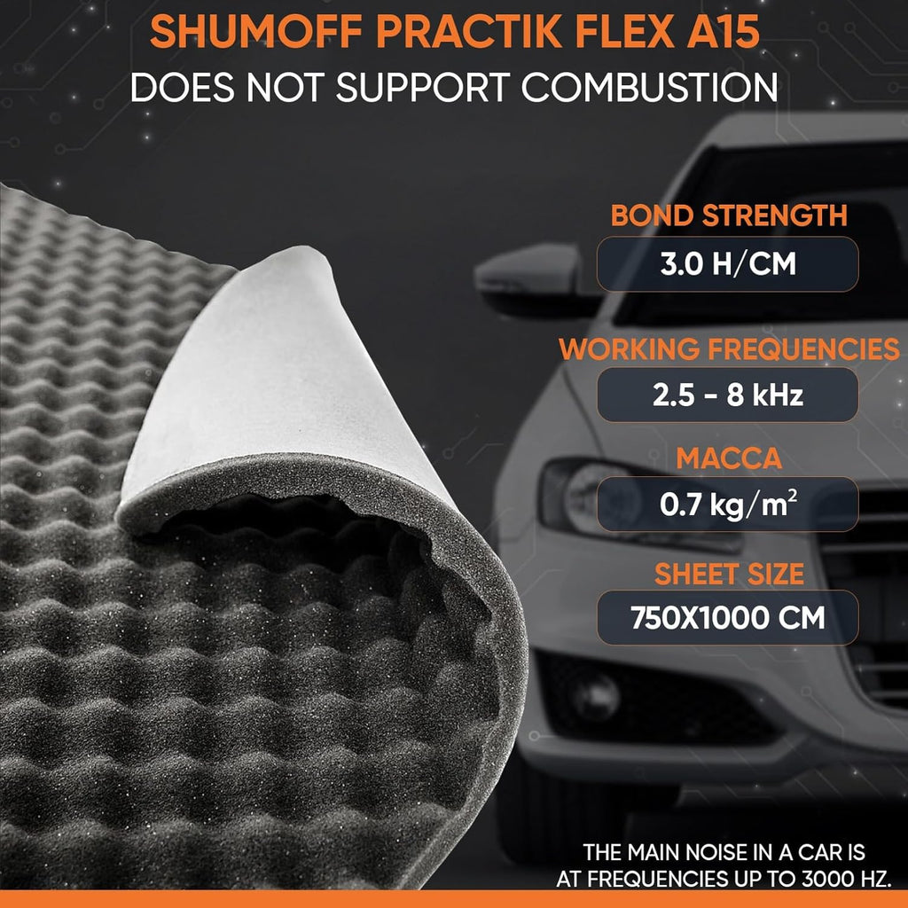 Shumoff Practik Flex A15 Sound Absorbing Foam – 6 Self-Adhesive Polyurethane Sheets 15mm (591 mil) Thick - Wave-Cut Noise Reduction Sealant - Sound Deadening Foam 12.1 Sqft Coverage - Sheet Size 19"L x 14"W