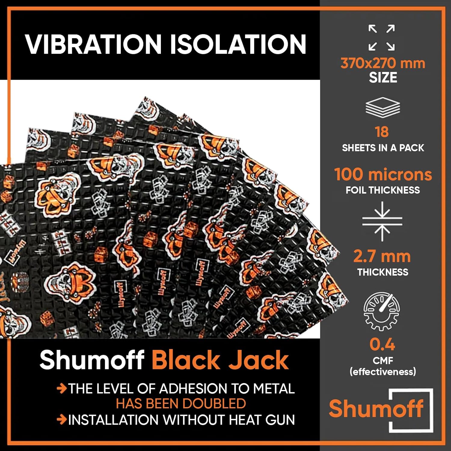 Shumoff Black Jack Car Sound Deadening - 18 PCs High-Adhesion Sound Dampening Sheets 2.7mm (106 mil) Thick - Aluminum & Bitumen Mastic Composite – Sound Deadener 19.4 Sqft Coverage – Sheet Size 14.6"L x 10.6"W