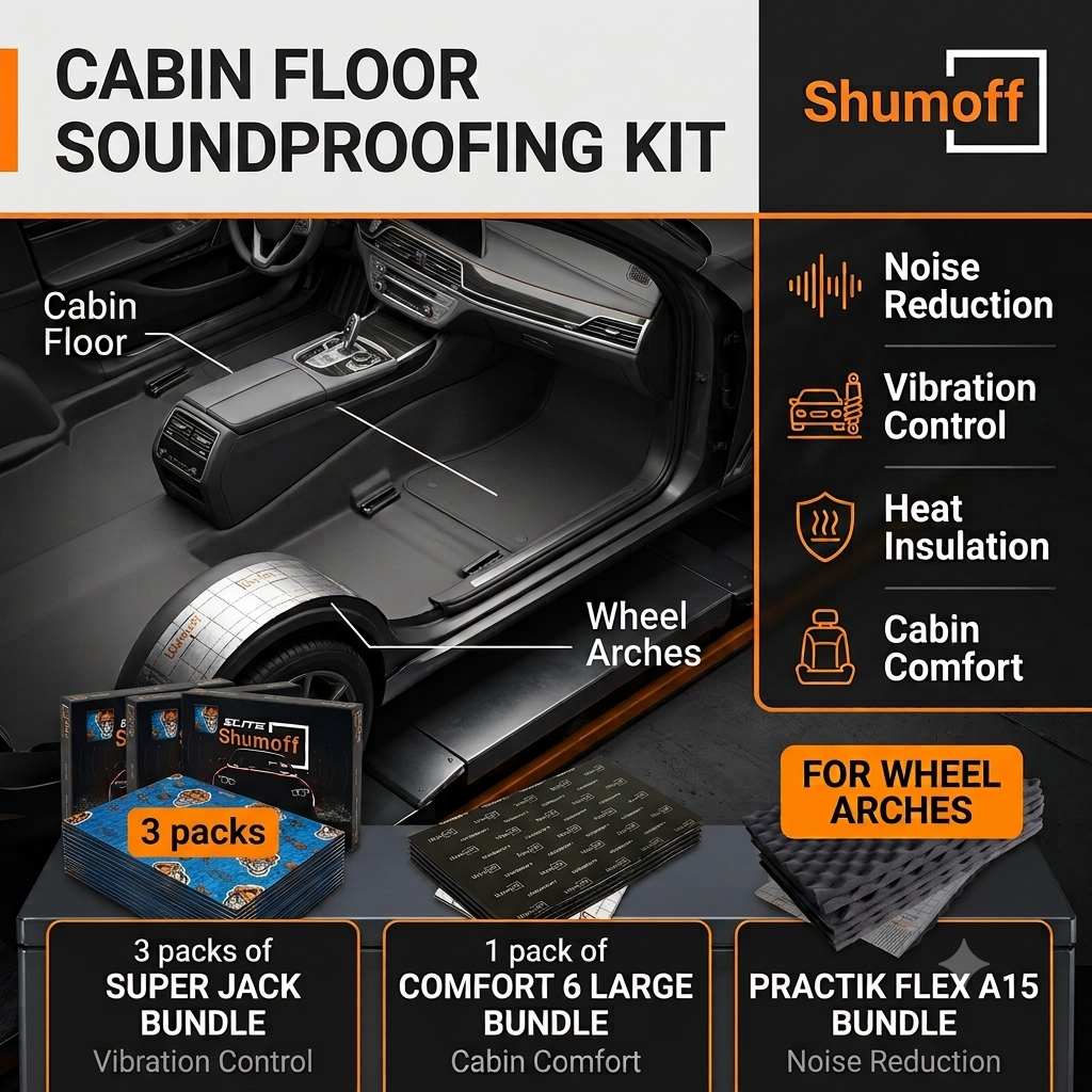 Shumoff Cabin Floor Soundproofing Kit – 3 Pack of Super Jack Vibration Damping, 1 Pack of Comfort 6 Heat & Sound Insulation & 1 Pack of Practik Flex A15 Acoustic Foam | Complete Floor Insulation Kit for Cars & SUVs
