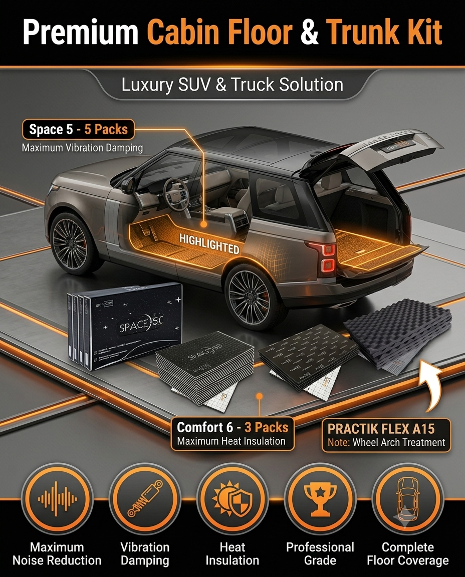 Shumoff Premium Cabin Floor & Trunk Soundproofing Kit – 5 Packs of Space 5.0 Vibration Damping, 3 Packs of Comfort 6 Thermal Insulation & 1 Pack of Practik Flex A15 Acoustic Foam | Complete Floor Treatment Kit