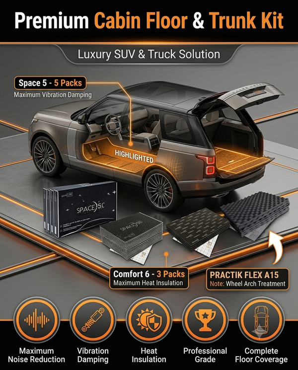 Shumoff Premium Cabin Floor & Trunk Soundproofing Kit – 5 Packs of Space 5.0 Vibration Damping, 3 Packs of Comfort 6 (Large) Thermal Insulation & 1 Pack of Practik Flex A15 Acoustic Foam | Complete Floor Treatment Kit