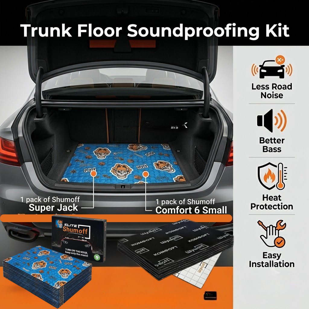 Shumoff Trunk Floor Soundproofing Kit – Super Jack Vibration Damping + Comfort 6 Heat & Sound Insulation | 2-Layer Automotive Noise Reduction Kit for Car Trunk Floor & Cargo Area