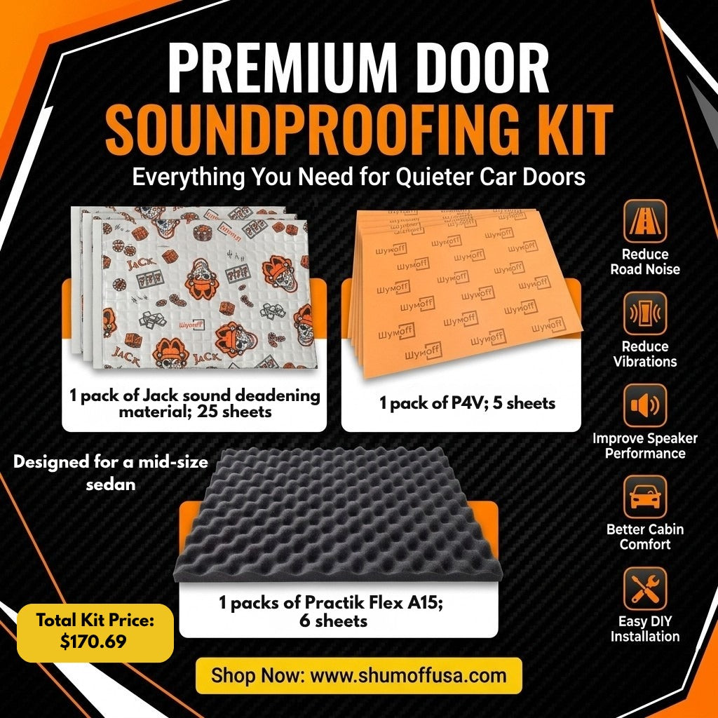 Shumoff Premium Car Door Soundproofing Kit – Complete 3-Layer Noise Reduction System with JACK Vibration Damper, P4V Heat Insulation & Practik Flex A15 Acoustic Foam for 4 Car Doors