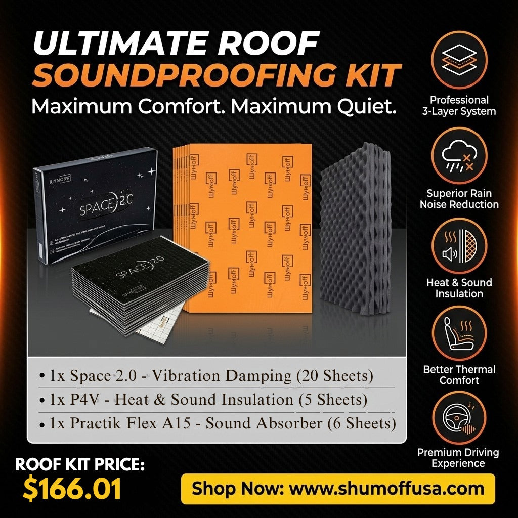 Shumoff Ultimate Car Roof Soundproofing Kit – 3-Layer Roof Insulation Set with Space 2.0 Vibration Damping, P4V Heat & Sound Insulation & Practik Flex A15 Acoustic Foam